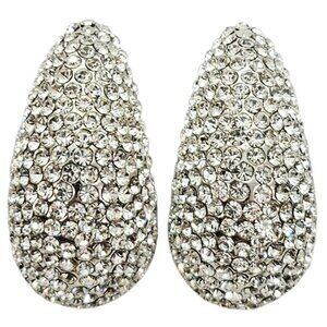 Jarin Silver Tone Clear Rhinestone Pave Clip On Earrings Teardrop Style, Signed